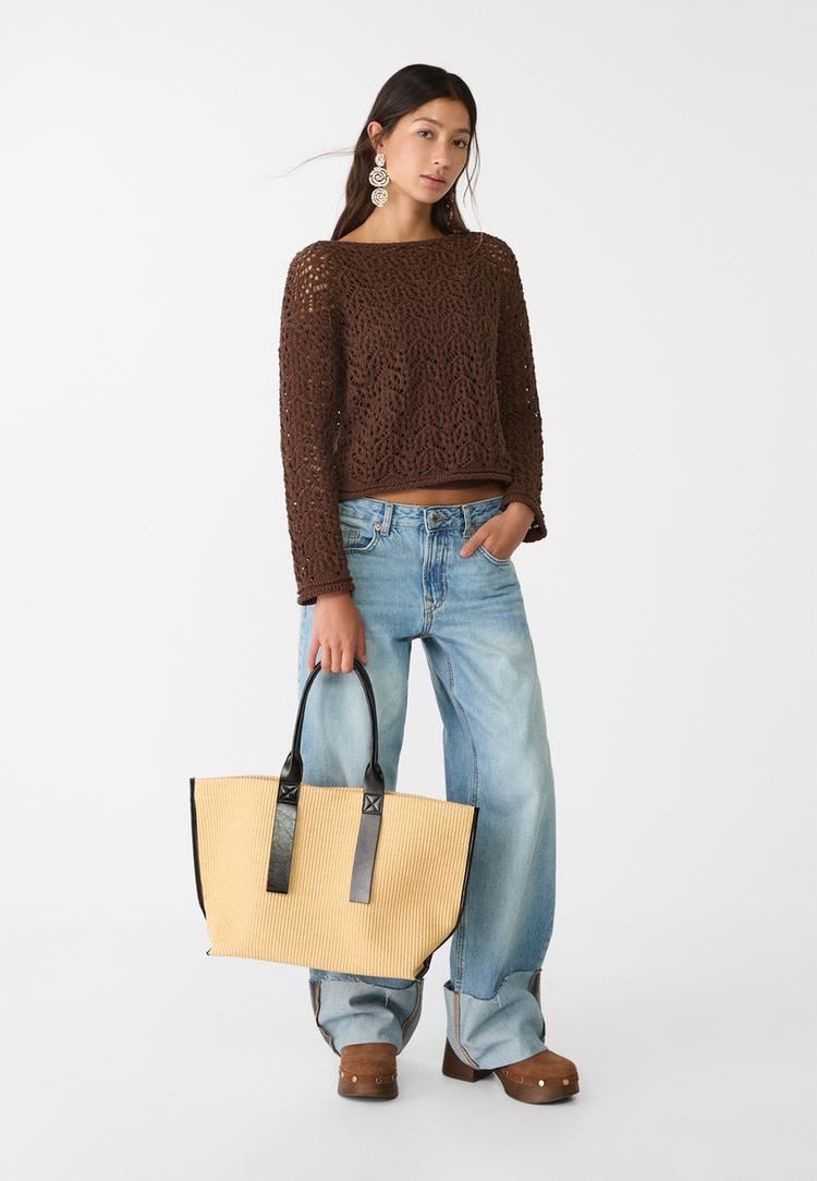 Raffia-style contrast shopper bag