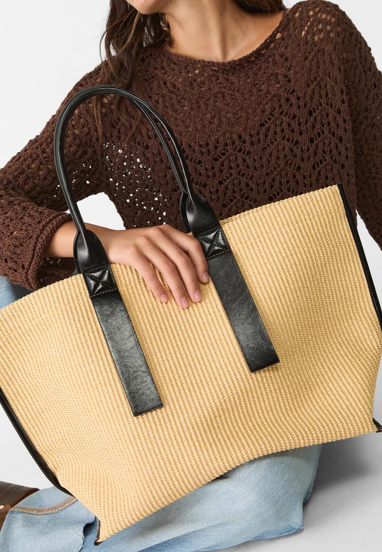 Raffia-style contrast shopper bag