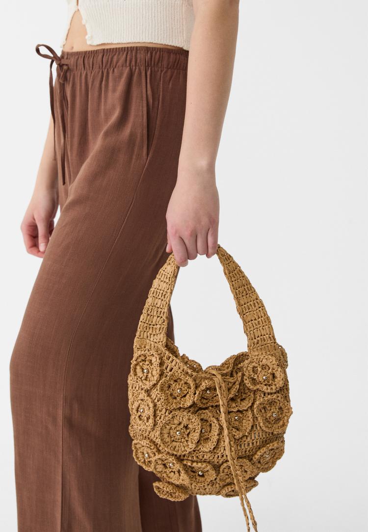 Raffia-style floral shoulder bag