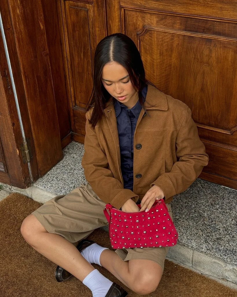 Studded faux suede bag