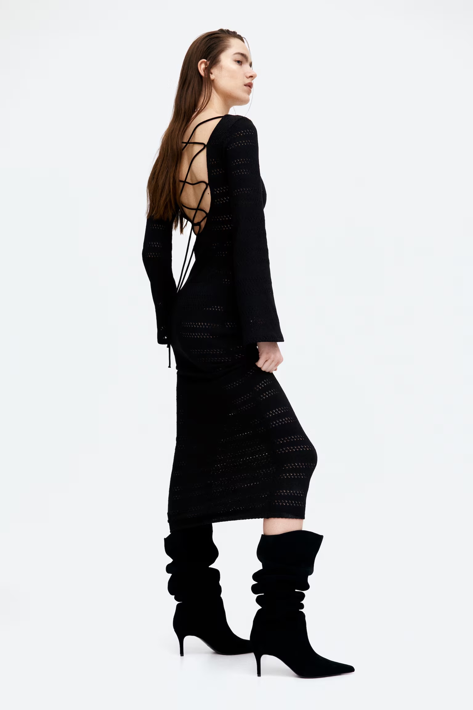 Lace Detail and Hole Patterned Knit Dress