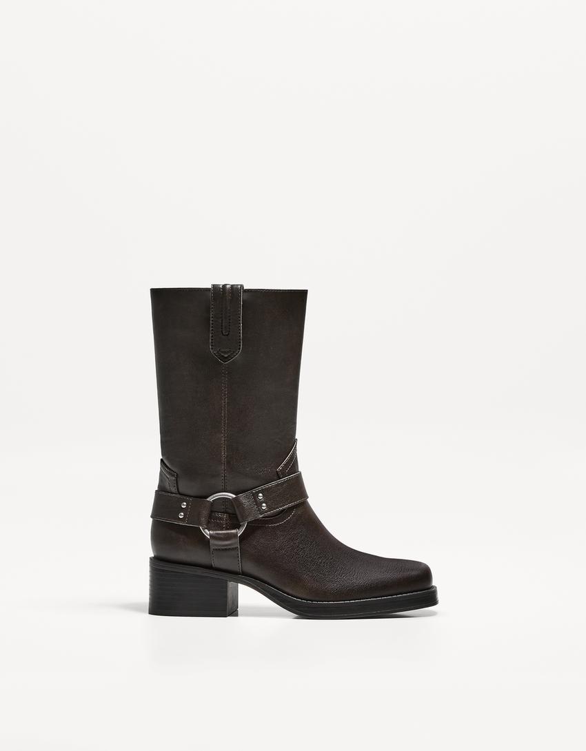 Mid-calf flat biker boots