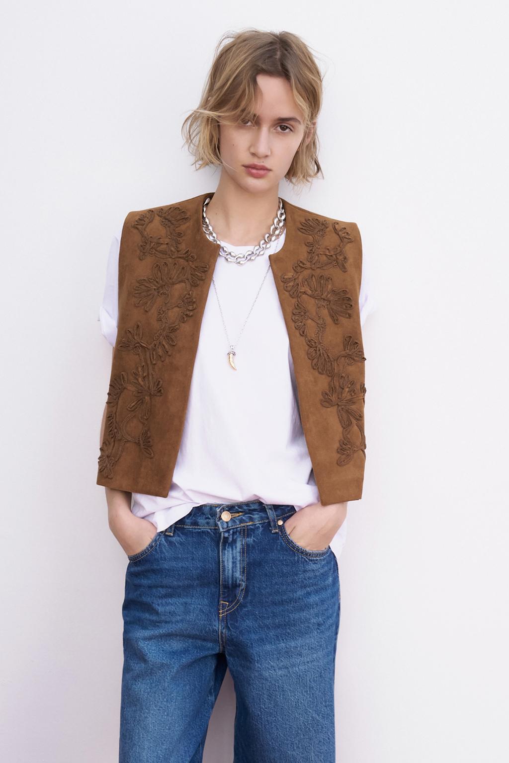 EMBROIDERED FAUX SUEDE GILET