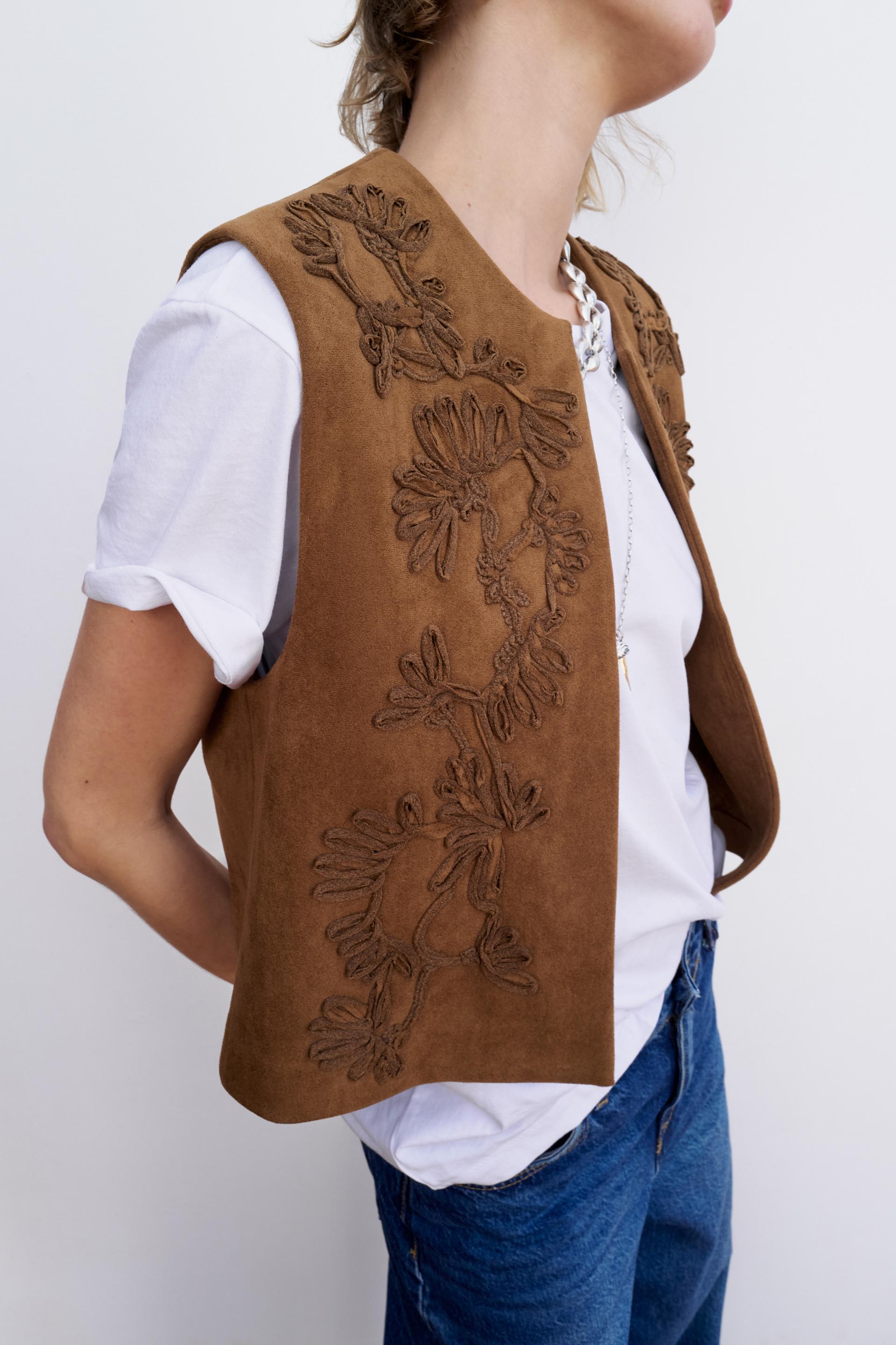 EMBROIDERED FAUX SUEDE GILET