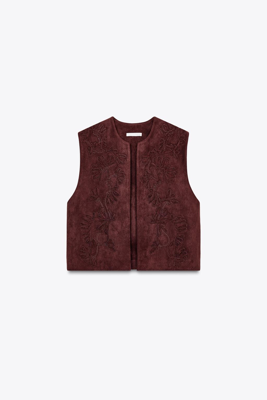 EMBROIDERED FAUX SUEDE GILET