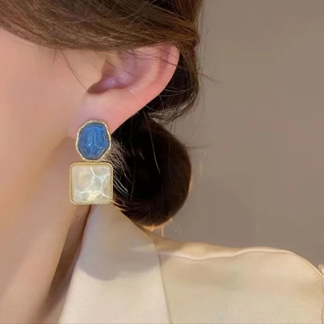 Teulrip Sparkling Blue & White Stone Mismatch Statement Earrings
