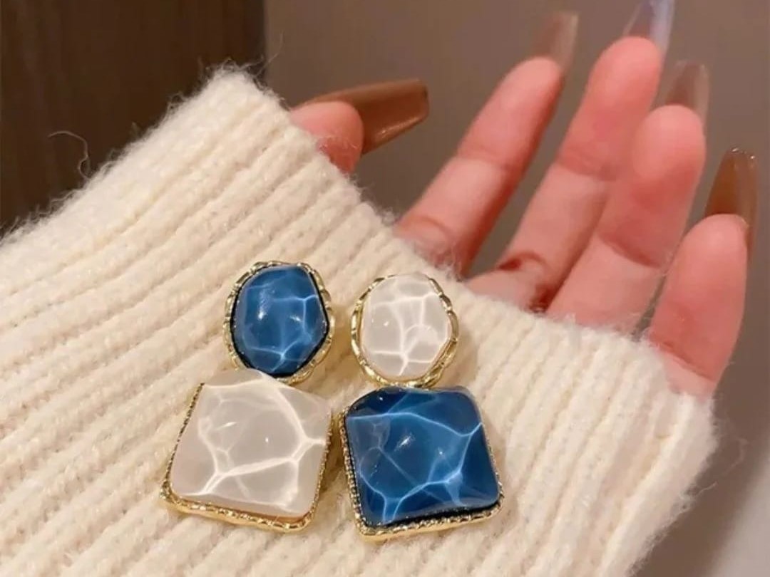 Teulrip Sparkling Blue & White Stone Mismatch Statement Earrings