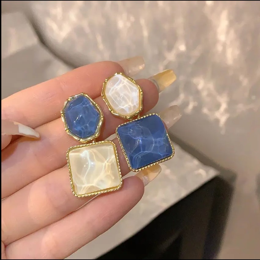 Teulrip Sparkling Blue & White Stone Mismatch Statement Earrings