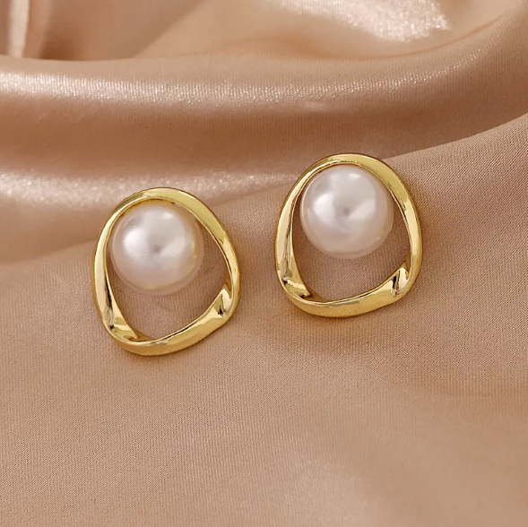 Teulrip Irregular Geometric Pearl Korean Earrings  Gold Plated Earrings for Girls & Women