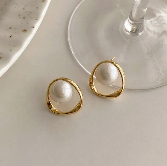 Teulrip Irregular Geometric Pearl Korean Earrings  Gold Plated Earrings for Girls & Women