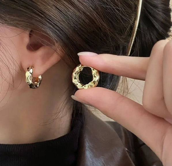 Teulrip Gold Plated Wave Ruffles Metal Hoop Earrings Simple Korean Hip Hop Jewelry for Girls & Women