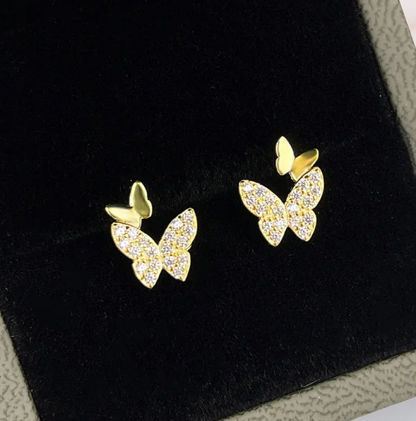 Teulrip Golden Double Butterfly Stud Earrings  Full Rhinestone Mini Crystal Two Butterfly Earrings for Girls & Women