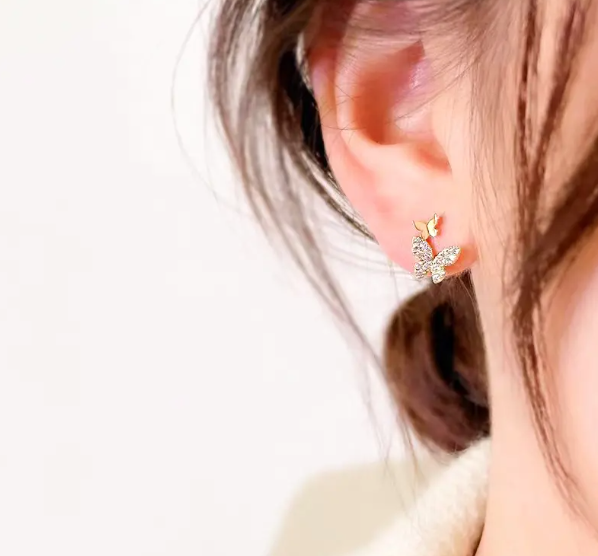 Teulrip Golden Double Butterfly Stud Earrings Full Rhinestone Mini Crystal Two Butterfly Earrings for Girls & Women