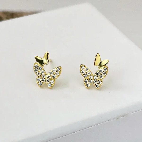 Teulrip Golden Double Butterfly Stud Earrings  Full Rhinestone Mini Crystal Two Butterfly Earrings for Girls & Women