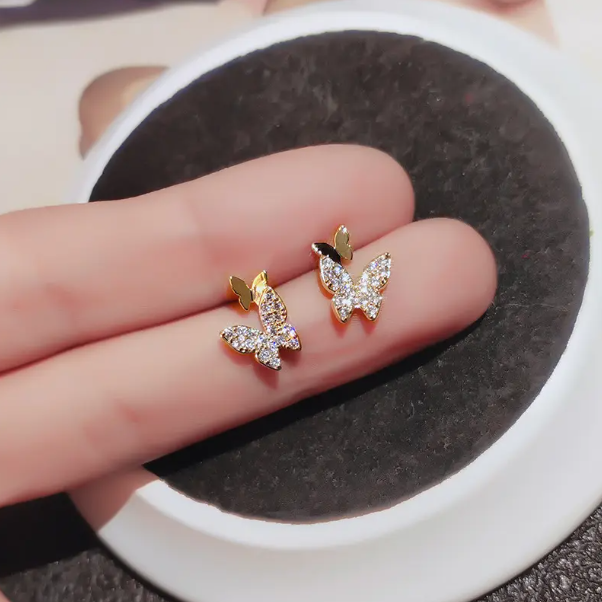 Teulrip Golden Double Butterfly Stud Earrings  Full Rhinestone Mini Crystal Two Butterfly Earrings for Girls & Women