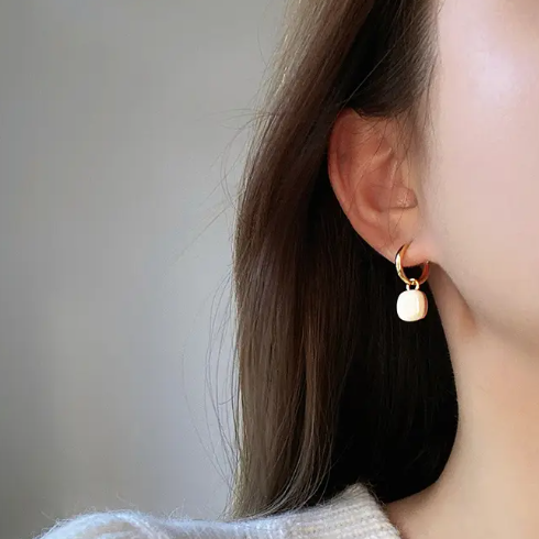 Teulrip Korean Two-Wear Retro Square Buckle White Earrings Light Luxury Jewelry for Girls & Women