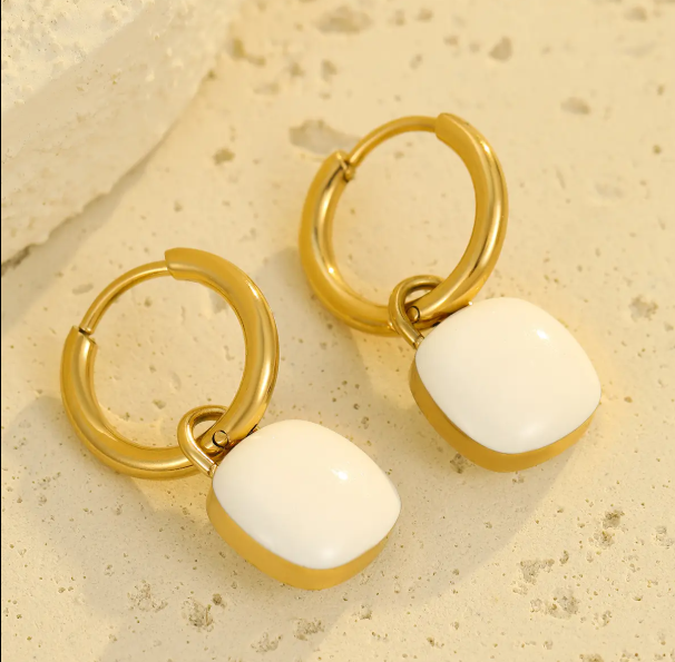 Teulrip Korean Two-Wear Retro Square Buckle White Earrings  Light Luxury Jewelry for Girls & Women