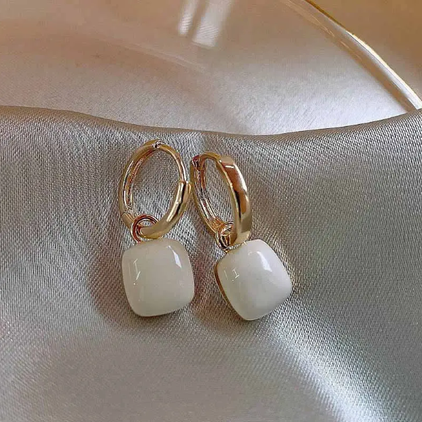 Teulrip Korean Two-Wear Retro Square Buckle White Earrings  Light Luxury Jewelry for Girls & Women