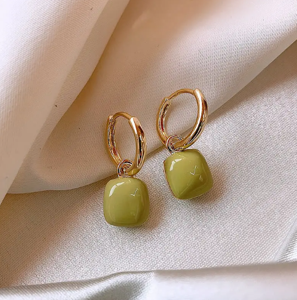 Teulrip Korean Two-Way Wear Retro Square Buckle Olive Color Earrings Light Luxury Jewelry for Girls & Women