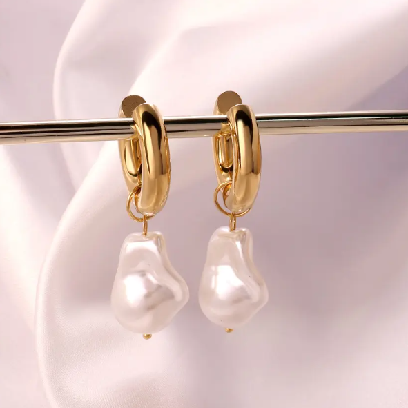 Teulrip Special-Shaped Pearl Gold-Plated Statement Hoop Earrings  Trendy & Designer Earclip Jewelry for Girls & Women