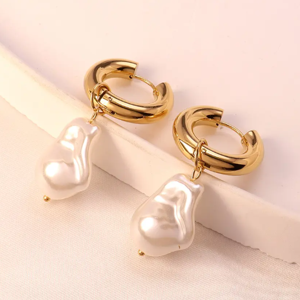 Teulrip Special-Shaped Pearl Gold-Plated Statement Hoop Earrings  Trendy & Designer Earclip Jewelry for Girls & Women