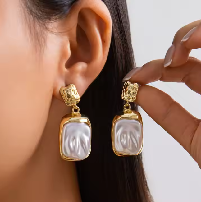 Teulrip French Vintage Gold Plated Square & Irregular Pearl Drop Earrings - Elegant Earrings for Girls & Women
