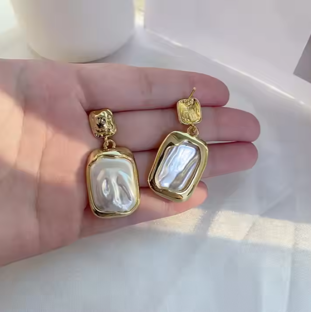 Teulrip French Vintage Gold Plated Square & Irregular Pearl Drop Earrings - Elegant Earrings for Girls & Women