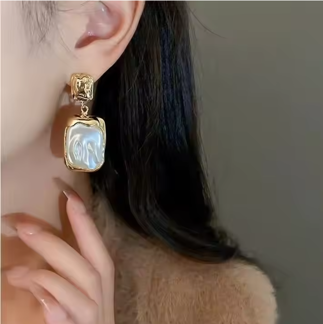 Teulrip French Vintage Gold Plated Square & Irregular Pearl Drop Earrings - Elegant Earrings for Girls & Women