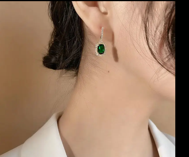 TEULRIP Green Emerald Square Rhinestone Drop Earrings - Retro Sparkling Diamond Design