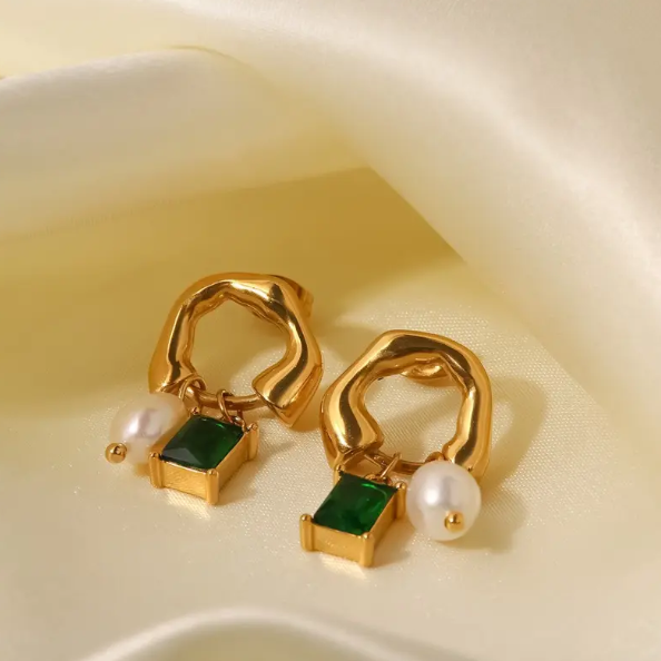 Teulrip Luxury Golden Fashion Green Stone Earrings  Gold-Plated Square Cubic Zirconia Hoop Earrings with Pearl Pendant for Girls & Women