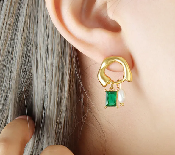 Teulrip Luxury Golden Fashion Green Stone Earrings  Gold-Plated Square Cubic Zirconia Hoop Earrings with Pearl Pendant for Girls & Women