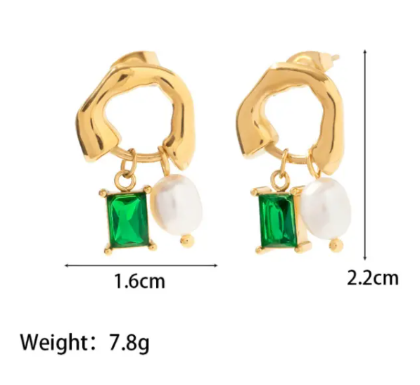 Teulrip Luxury Golden Fashion Green Stone Earrings  Gold-Plated Square Cubic Zirconia Hoop Earrings with Pearl Pendant for Girls & Women