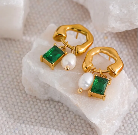 Teulrip Luxury Golden Fashion Green Stone Earrings  Gold-Plated Square Cubic Zirconia Hoop Earrings with Pearl Pendant for Girls & Women