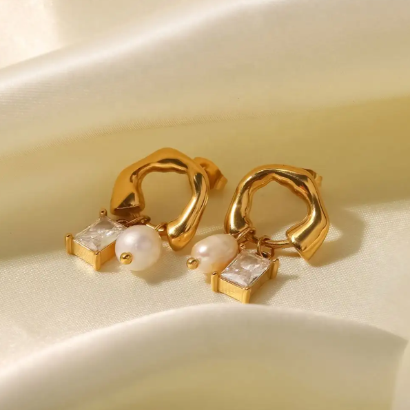 Teulrip Luxury Golden Fashion White Stone Earrings Gold-Plated Square Cubic Zirconia Hoop Earrings with Pearl Pendant for Girls & Women