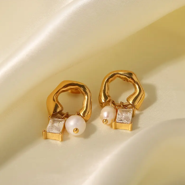 Teulrip Luxury Golden Fashion White Stone Earrings  Gold-Plated Square Cubic Zirconia Hoop Earrings with Pearl Pendant for Girls & Women