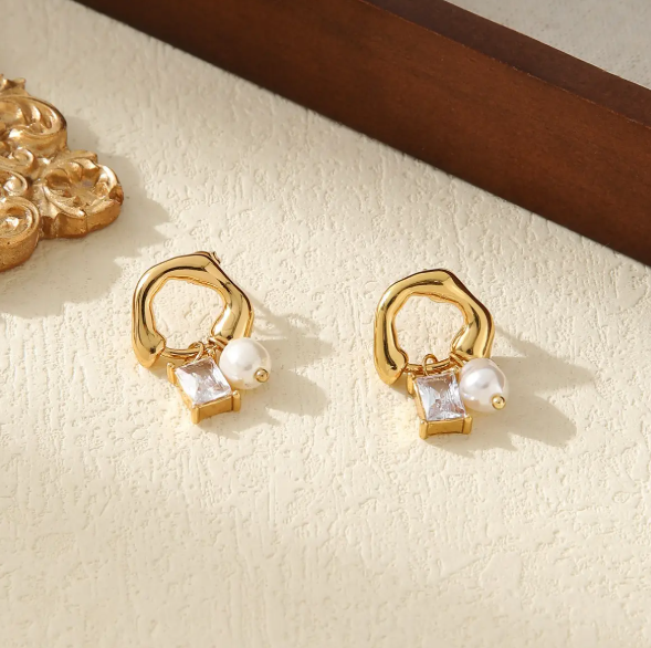 Teulrip Luxury Golden Fashion White Stone Earrings  Gold-Plated Square Cubic Zirconia Hoop Earrings with Pearl Pendant for Girls & Women