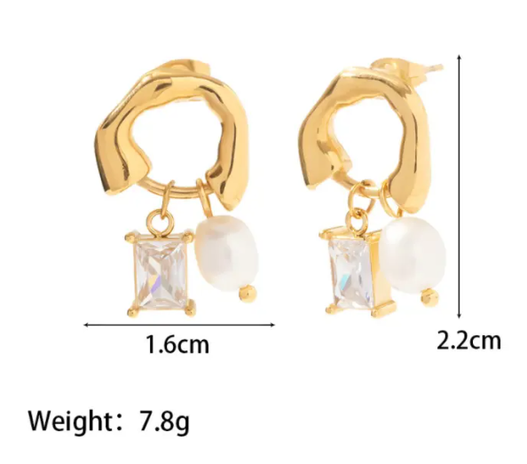 Teulrip Luxury Golden Fashion White Stone Earrings  Gold-Plated Square Cubic Zirconia Hoop Earrings with Pearl Pendant for Girls & Women
