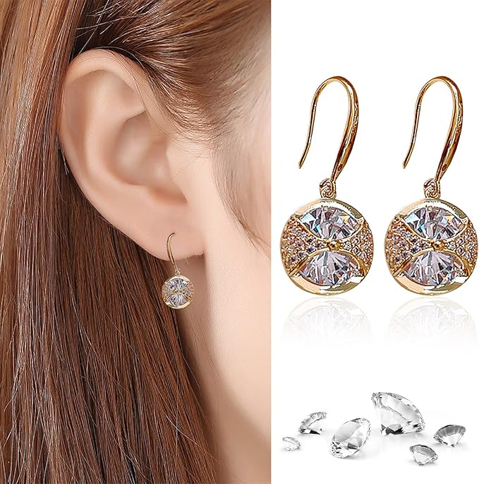 Teulrip Elegant Round Sparkling Imitated Diamond Hanging Earrings  Gold Plated Jewelry for Girls & Women