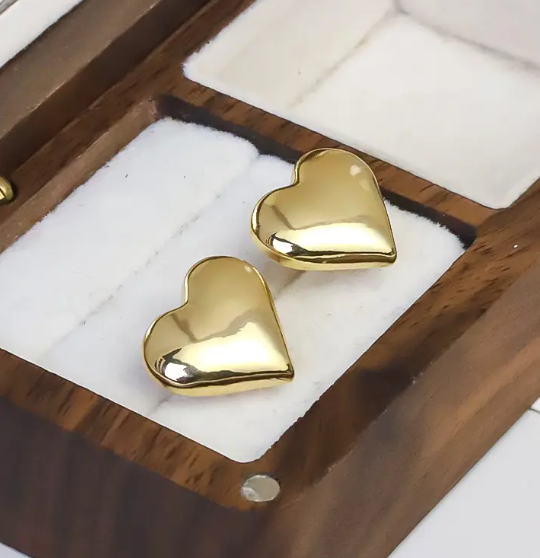 Teulrip Gold Plated Puffy Heart Stud Earrings, Hypoallergenic Glossy Love Puffed Heart Earrings for Girls & Women