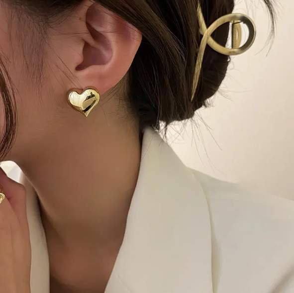 Teulrip Gold Plated Puffy Heart Stud Earrings, Hypoallergenic Glossy Love Puffed Heart Earrings for Girls & Women