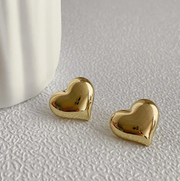 Teulrip Gold Plated Puffy Heart Stud Earrings, Hypoallergenic Glossy Love Puffed Heart Earrings for Girls & Women
