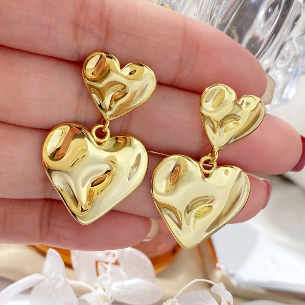 Teulrip Luxury Golden Hammered Texture Heart Drop Earrings, Double Heart Design for Girls & Women