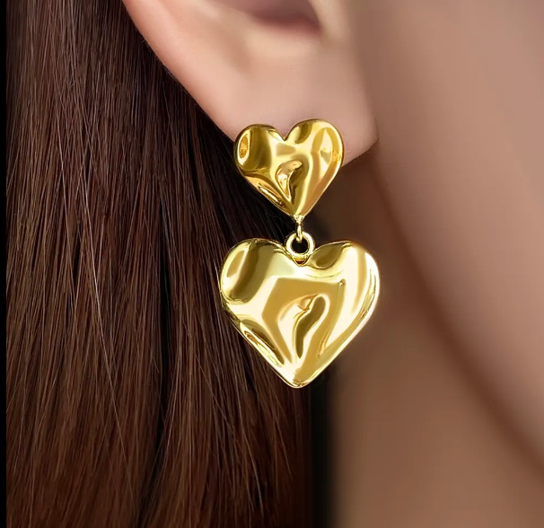 Teulrip Luxury Golden Hammered Texture Heart Drop Earrings, Double Heart Design for Girls & Women