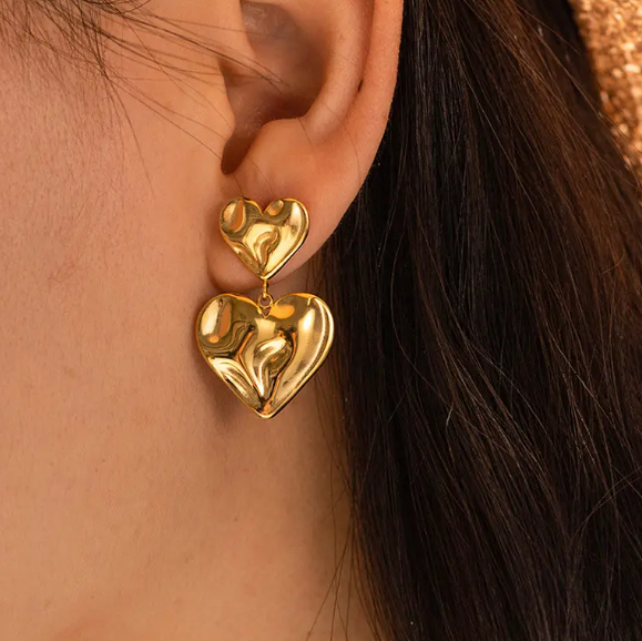 Teulrip Luxury Golden Hammered Texture Heart Drop Earrings, Double Heart Design for Girls & Women