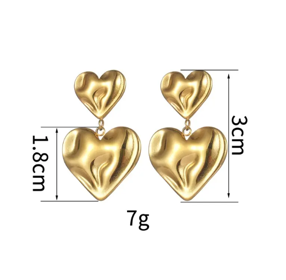 Teulrip Luxury Golden Hammered Texture Heart Drop Earrings, Double Heart Design for Girls & Women