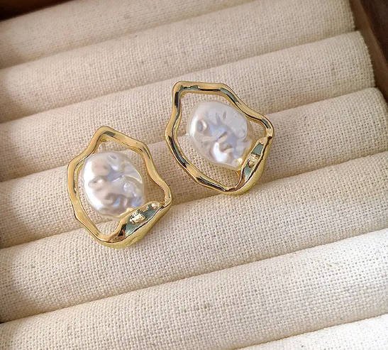 Teulrip Korean Golden Irregular Pearl Stud Earrings Unique Ear Studs for Girls & Women