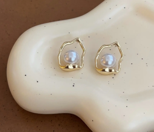 Teulrip Korean Golden Irregular Pearl Stud Earrings  Unique Ear Studs for Girls & Women