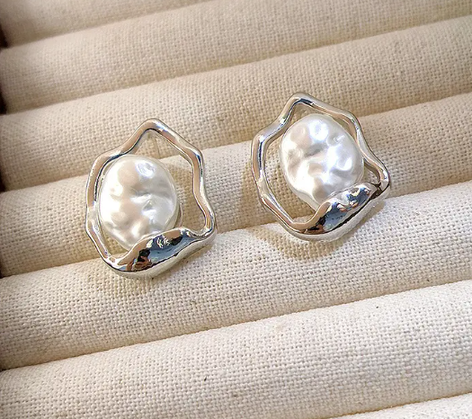 Teulrip Irregular Hollow Out Korean Stud Earrings with Pearl Lightweight & Luxurious Jewelry for Girls & Women