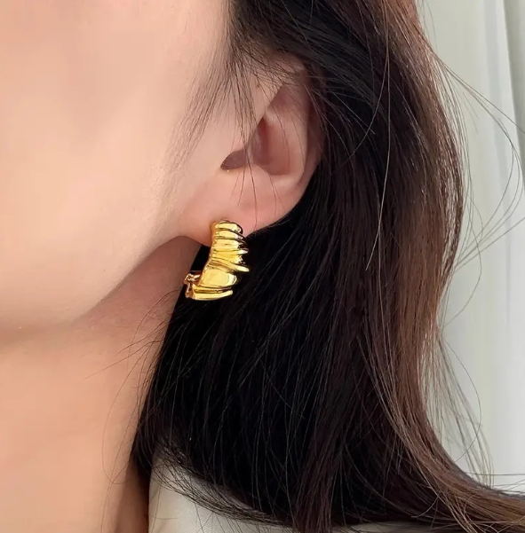 Teulrip Unique Style Wrinkle Irregular Geometric Gold-Plated C-Shaped Wave Pleated Stud Earrings  Trendy Jewelry for Girls & Women