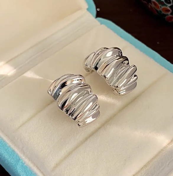 Teulrip Unique Style Wrinkle Irregular Geometric White Plated C-Shaped Wave Pleated Stud Earrings  Trendy Jewelry for Girls & Women